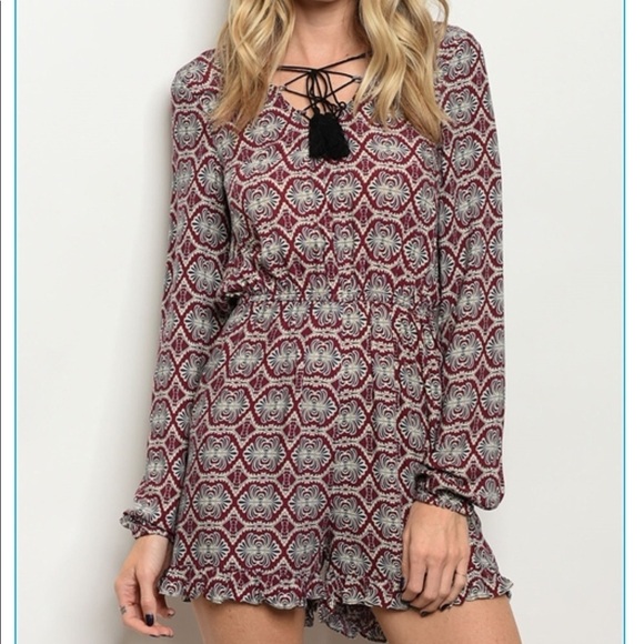 JULY 4th Navy & Burgundy Floral Lace Up Romper - Picture 3 of 7